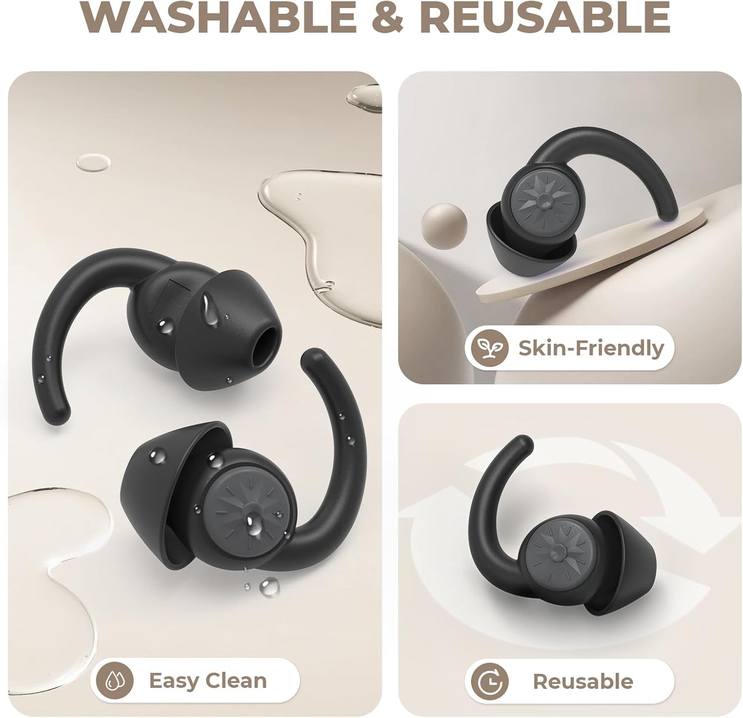 Ear Plugs for Sleeping: Reusable Earplugs for Sleep, Snoring Blocking, Concert, Travel, Airplane, 2 Pairs Washable Soft Silicone Noise Cancelling Ear Plugs (Black)