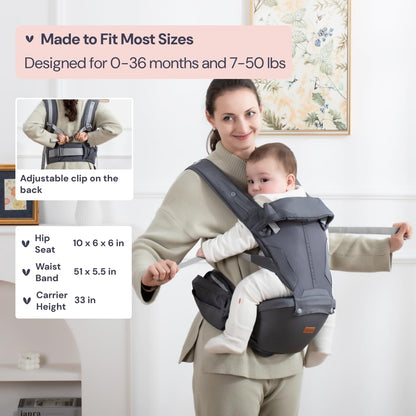 BabbleRoo Grow Carrier – 6-in-1 Baby Carrier with Hip Seat, Ergonomic, Cozy & Adjustable Toddler Carrier 7-50 lbs with Hip & Lumbar Support, Hood for Sun Protection, Newborn to Toddler, Gray