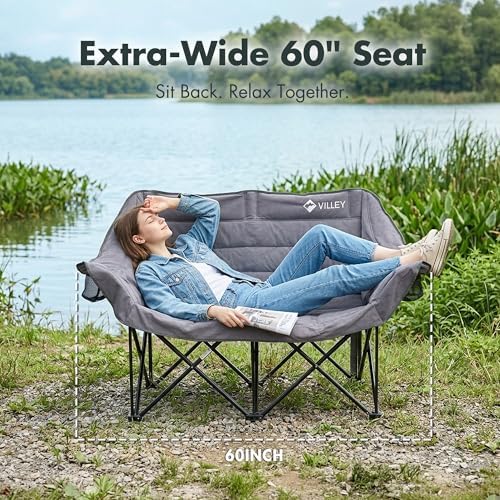 VILLEY Oversized Double Camping Chair, Heavy-Duty Folding Loveseat, Grey