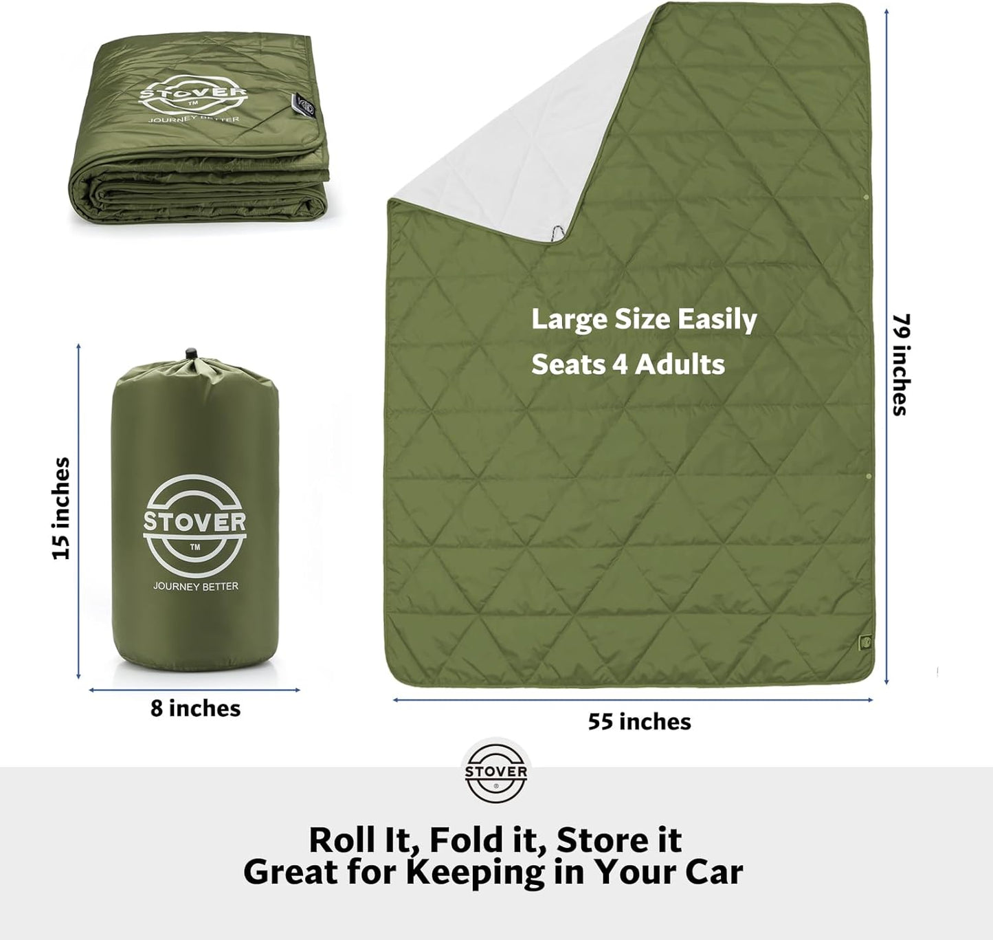 STOVER Outdoor Waterproof Fleece Travel Blanket for Camping, Picnics, Stadiums, Sports, The Beach– Warm, Windproof, Compact, Lightweight & Sand-Resistant (Olive Green)
