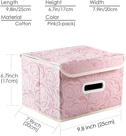 PRANDOM Foldable Storage Boxes with Lids [5-Pack] Fabric Decorative Storage Bins Cubes Organizer Containers Baskets with Cover Handles Divider for Bedroom Closet Living Room Pink 9.8x7.9x6.7 Inch