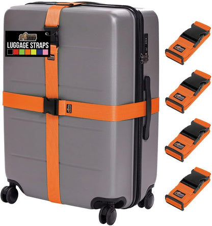 GORILLA GRIP Heavy Duty 4 Pack Adjustable Luggage Straps for Suitcases, Easy to Identify Travel Belt Connector Holds Suitcase Together, Extends Life of Bag, Strap Connects Two Bags, Accessories Orange