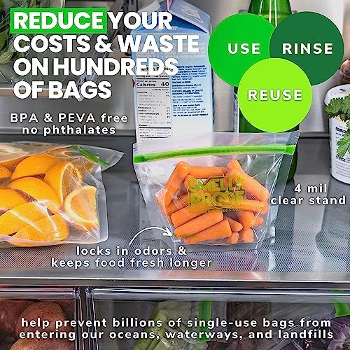 Smelly Proof 15 x Reusable Food Storage Bags, Reusable Freezer Bags, Reusable Snack Bags, Stand-Up Expandable “Stand & Fill”, Clear 3-Mil 6” x 4”, US Made, BPA FREE, NO PEVA, 15-pk