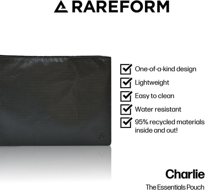 Rareform Essentials Organizer Pouch | Travel Accessory Bag, Protects Tech, Cosmetics, Toiletries with Inner Fleece Lining, Water-Resistant | Recycled Nylon, Black