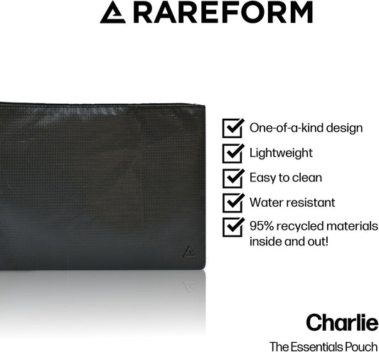 Rareform Essentials Organizer Pouch | Travel Accessory Bag, Protects Tech, Cosmetics, Toiletries with Inner Fleece Lining, Water-Resistant | Recycled Nylon, Black
