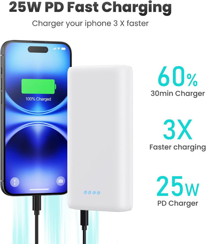 Portable Charger Power Bank 40,800mAh 25W Fast Charging USB C Portable Charger with 2 Built in Cables,5 Outputs & QC 4.0 Quick Phone Charging Battery Pack Compatible with iPhone 16/15/Android (White)
