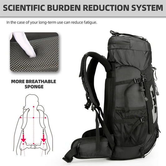 King'sGuard 60L Hiking Backpack Lightweight Camping Backpack with Rain Cover Large Waterproof Packable Outdoor Trekking Travel Backpack for Men Women (Black)