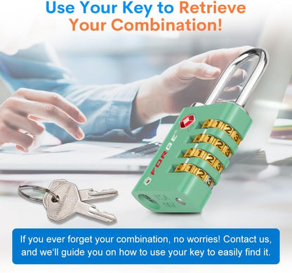 Forge Dual-Opening: Key or Combination Access Lock, TSA Approved Locks for Luggage, Pelican case, Travel, Gym, School, Stainless Steel Shackle. (Green, 2 Pk)