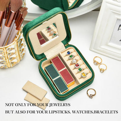 TAIMY Plush Velvet Travel Jewelry Box, Small Travel Jewelry Case, Portable Mini Jewelry Travel Organizer Boxes for Rings Earrings Necklaces Bracelets(Emerald Green,with Mirror)