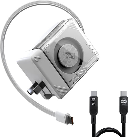 Nillkin FlexLine 65W for Retractable Wall Charger(GaN6), Dual-Port with 28.7in Retractable USB C Cable + 39.3in USB C Cable(Extra), iPhone Charger, MacBook, iPad, Samsung, Fast Charger - White