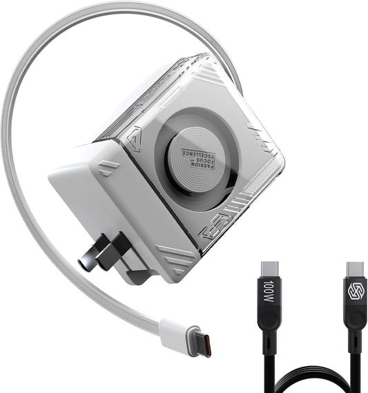 Nillkin FlexLine 65W for Retractable Wall Charger(GaN6), Dual-Port with 28.7in Retractable USB C Cable + 39.3in USB C Cable(Extra), iPhone Charger, MacBook, iPad, Samsung, Fast Charger - White