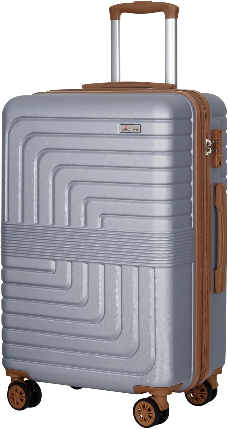 Romswi Expandable 28" Checked Luggage,Large Hardshell Suitcase with Double Spinner Wheels for 20% More Space, Airline Approved Lightweight Hardside Luggage, Scratch-Resistant & YKK Zipper,Silver