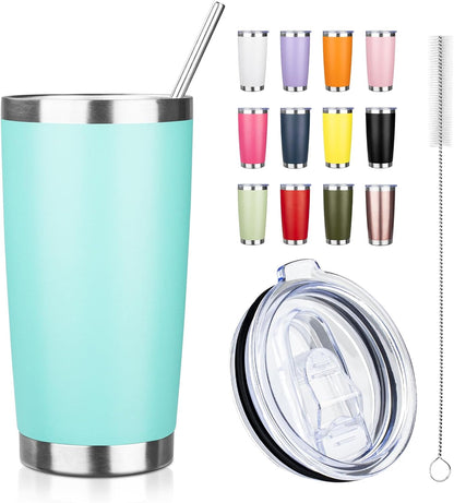 20oz Tumbler with Straw and Brush, Stainless Steel Vacuum Insulated tumbler, Double Wall Insulated Coffee Tumbler for Outdoor, Home, Travel,Office (Light Green,1pcs)