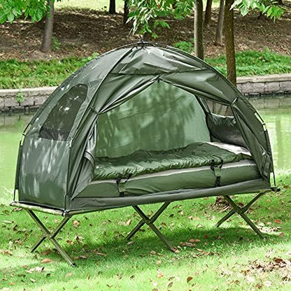 Person Foldable Camping Cot with Tent, Bedspread and Thick Air Mattress, 4-in-1 Elevated Camping Bed Tent for Outdoor Hiking, Picnic, Travel