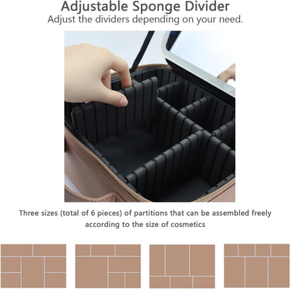 Makeup Bag with Led Mirror,Travel Makeup Organizer with 3 Color Setting & 10X Magnifying Mirror, Portable Storage and Adjustable Dividers Travel Makeup Bag-khaki