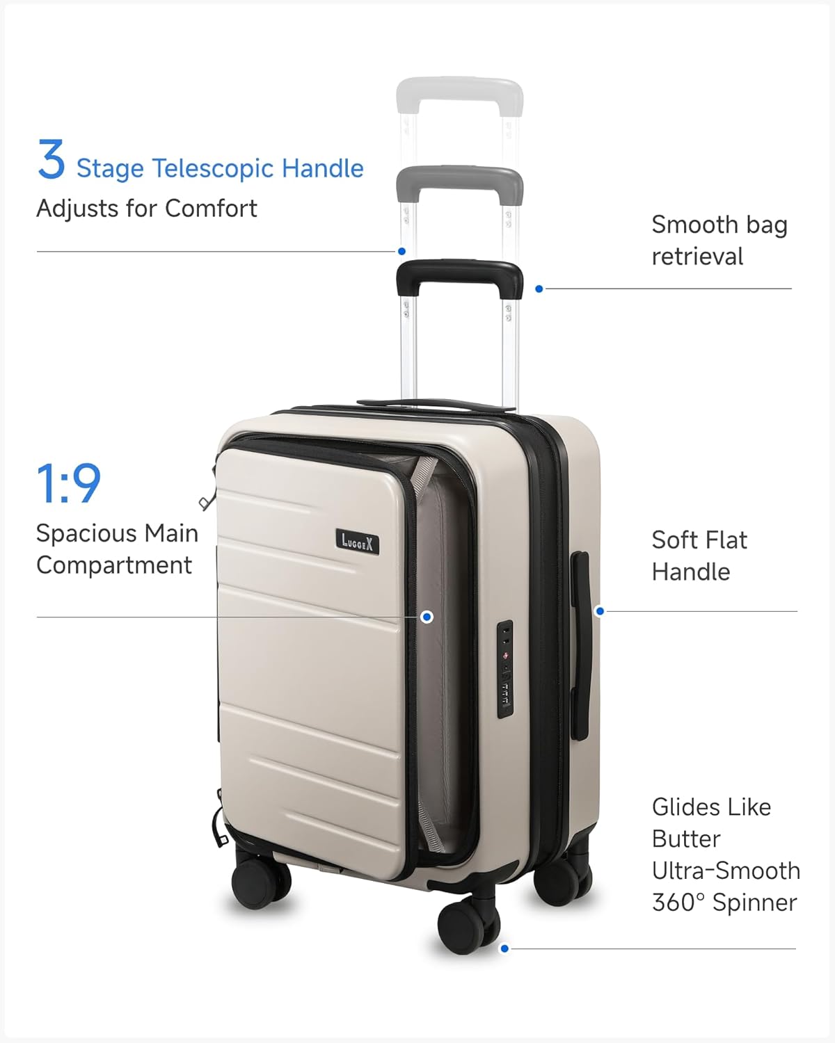 Carry On Luggage Top Opening, FLT Expandable Polycarbonate Hard Shell Suitcase with Wheels (FLO-Lite, Beige, 20 Inch, 38L-43L)