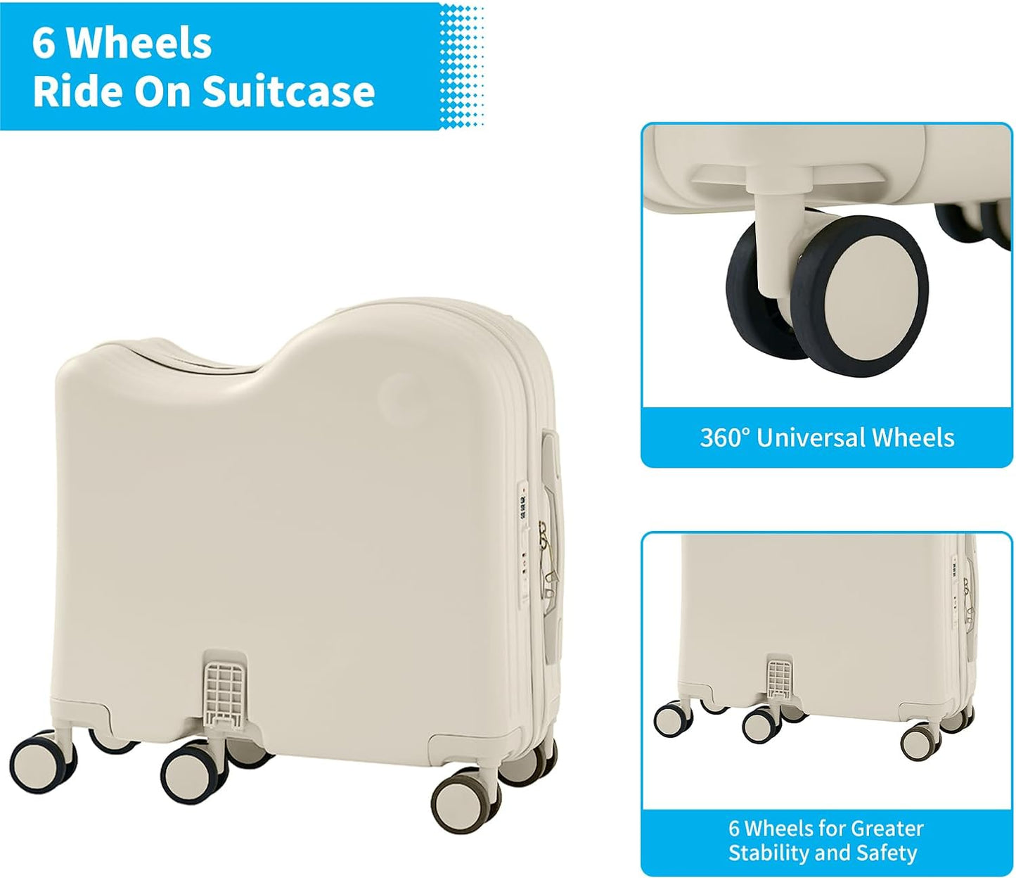 TABU Ride-on Luggage with Handbag for Kids，Hardshell Carry On Suitcase with Hidden Cup Holder, Foldable Pedal,Type-C & USB Interface, TSA Lock, 6-Spinner Wheels, White