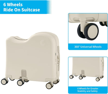 TABU Ride-on Luggage with Handbag for Kids，Hardshell Carry On Suitcase with Hidden Cup Holder, Foldable Pedal,Type-C & USB Interface, TSA Lock, 6-Spinner Wheels, White