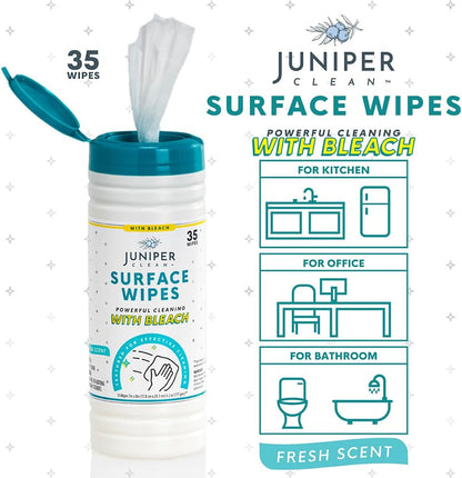 1 Pack Surface Cleaning Wipes with Bleach, All-Purpose Cleaner for Bathroom, Kitchen, Office, 35 Count Canister, 7.5" x 7" Sheet, Fresh Scent, Lint Free & Durable