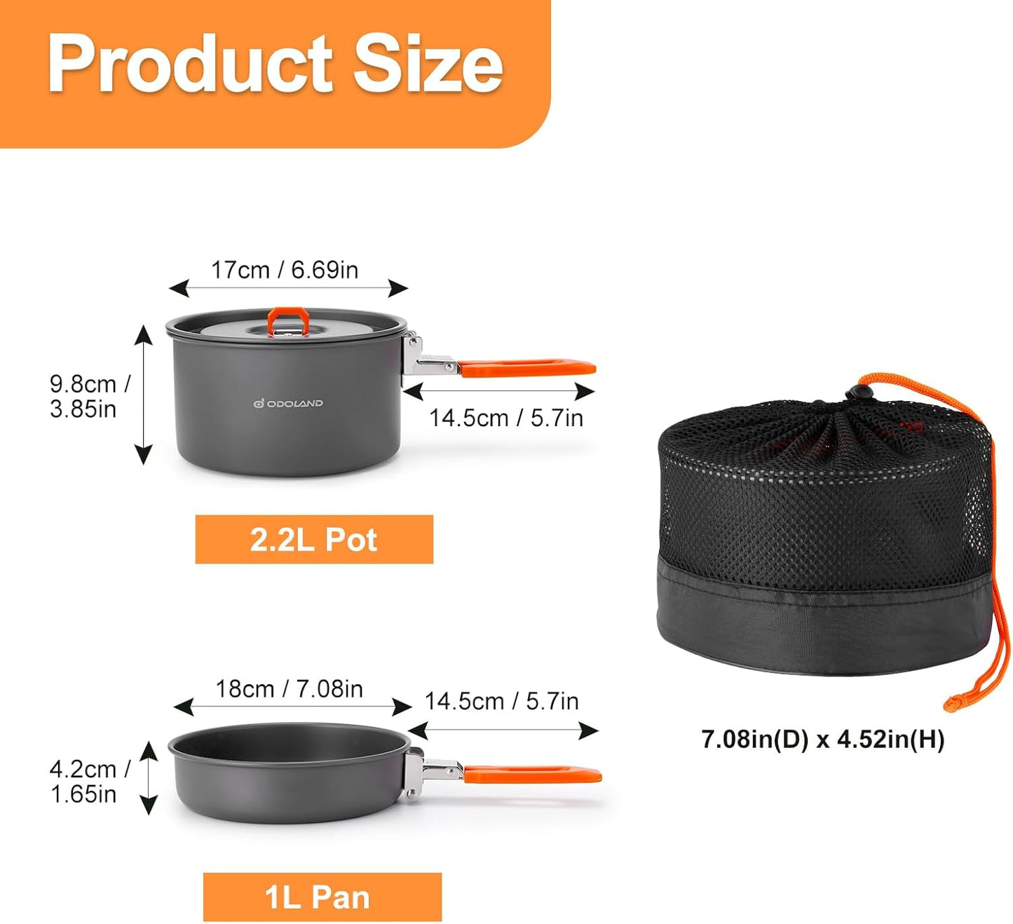 Odoland Camping Cookware Mess Kit, Non-Stick Lightweight Camping Pot and Fry Pan Set with Mesh Bag for Backpacking, Outdoor Cooking and Picnic