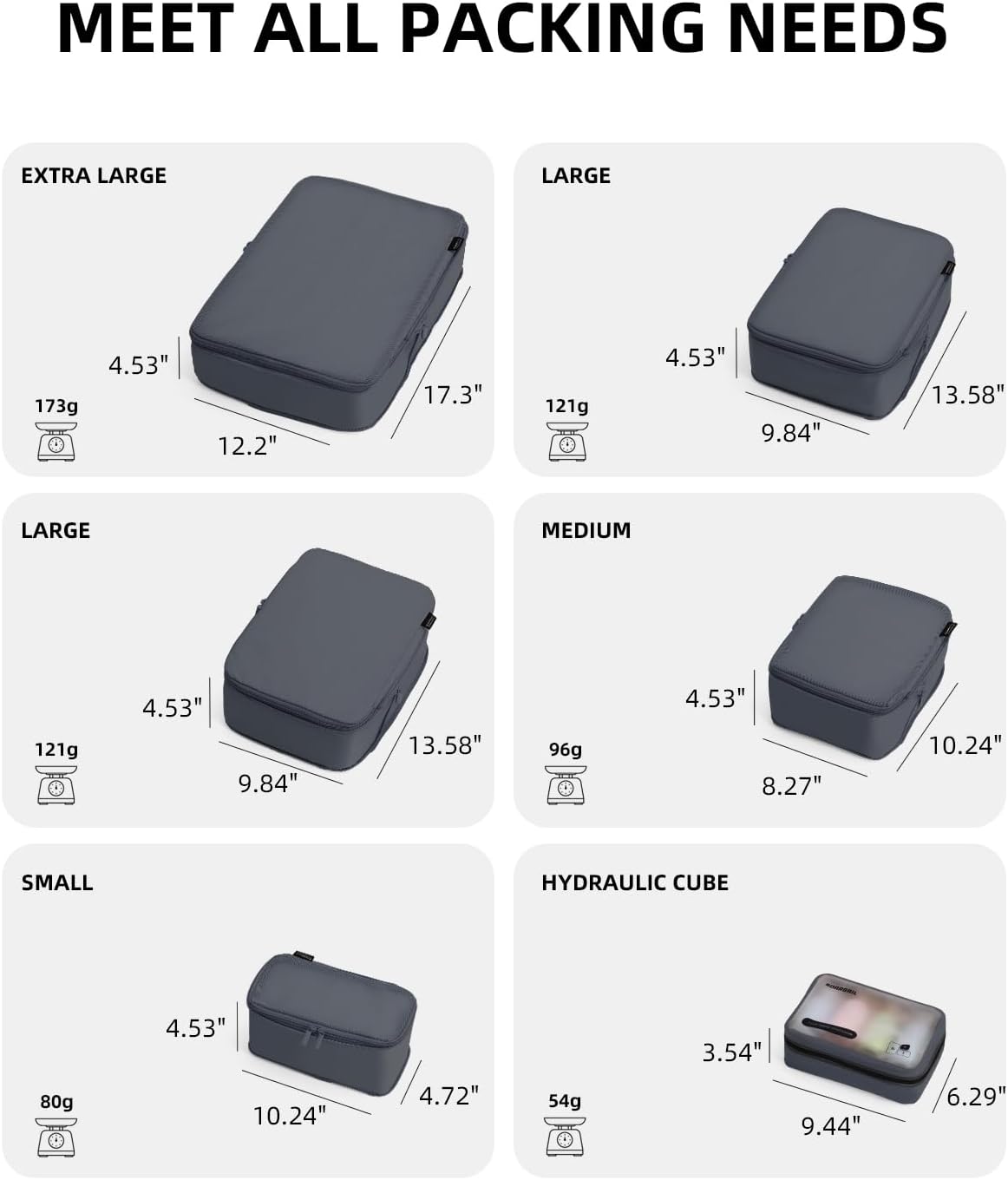 6 Set Compression Packing Cubes for Travel, Large Medium Small Luggage Organizers, Storage Bags for Clothes (6 Pack, Charcoal Gray)