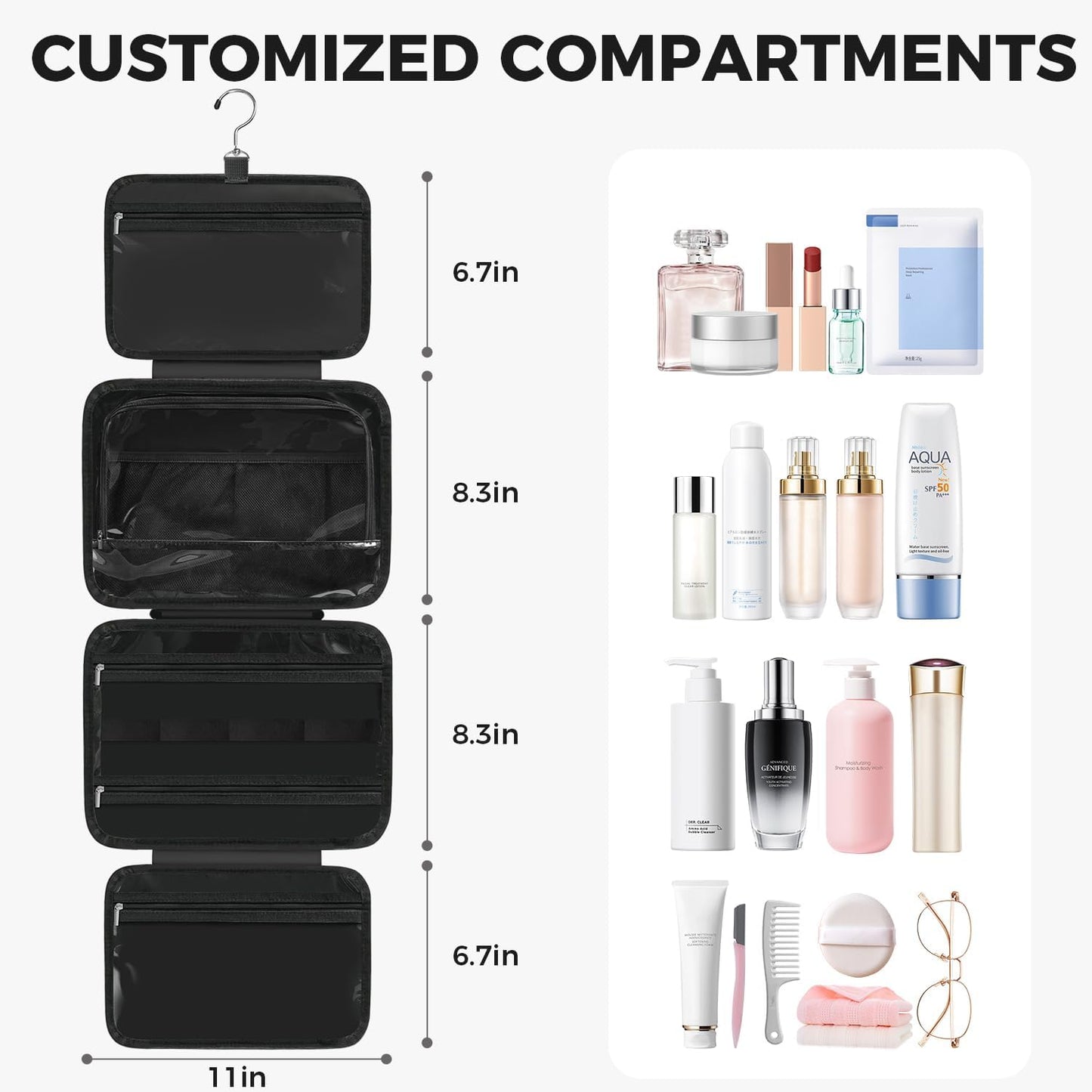 Toiletry Bag For women,Portable Hanging Organizer,4 Leakproof Compartment for full-sized Conditioner, Brushes Set, Makeup Accessories,Visible and easy to access.M-black