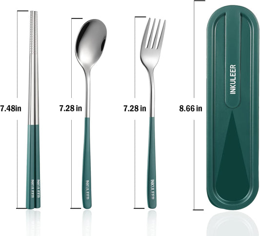 Travel cutlery set, 18/8 stainless steel cutlery, Reusable utensils set with case, Portable Silverware Lunch Box for Camping and Office(Green)
