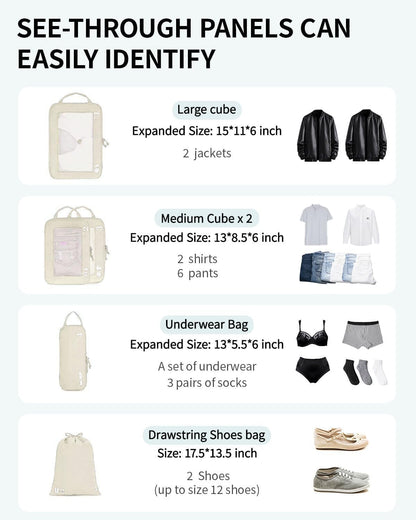 ECOHUB 5 Set Compression Packing Cubes for Suitcases Organiser Bags Set Travel Essentials with Shoe Bag for Traveling Tear-resistant Travel Accessories with ID Tag Expandable Packing Bags(Beige)