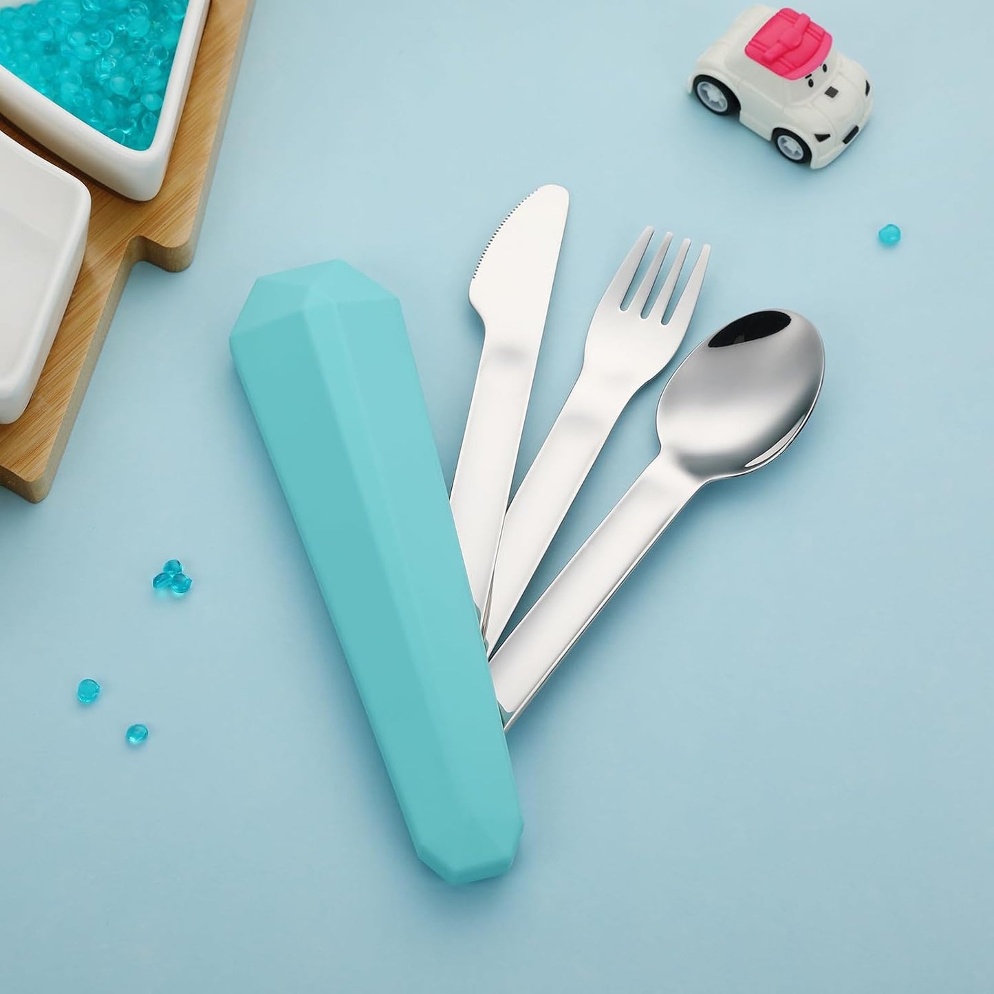 DEVICO Travel Utensils with Case, Reusable Camping Silverware Cutlery, 18/8 Stainless Steel Portable Fork Spoon Knife Set for Lunch Picnic School Workplace (Teal)