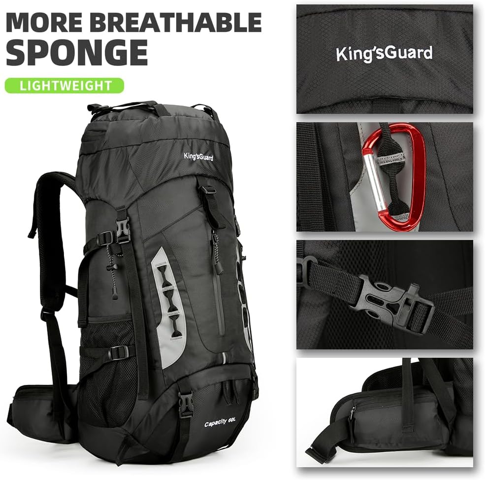 King'sGuard 60L Hiking Backpack Lightweight Camping Backpack with Rain Cover Large Waterproof Packable Outdoor Trekking Travel Backpack for Men Women (Black)