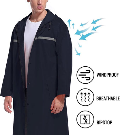 Mens Long Hooded Safety Rain Jacket Waterproof Emergency Raincoat Poncho - Image 5