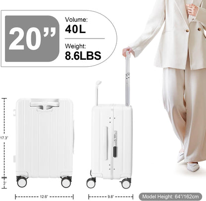 MRPLUM Carry On Luggage Double Handle Suitcase with Net Pocket,Hard Shell Spinner Wheels Luggage with TSA Lock&Seat Belt,20 inch,White