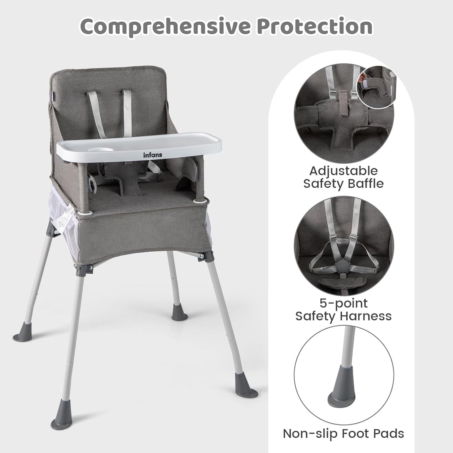 INFANS Baby High Chair, Foldable Portable Highchair for Babies and Toddlers with Travel Bag Adjustable Tray, 5 Point Harness, Compact Space Saver Infant Feeding Chair for Age 6-36 Months (Grey)