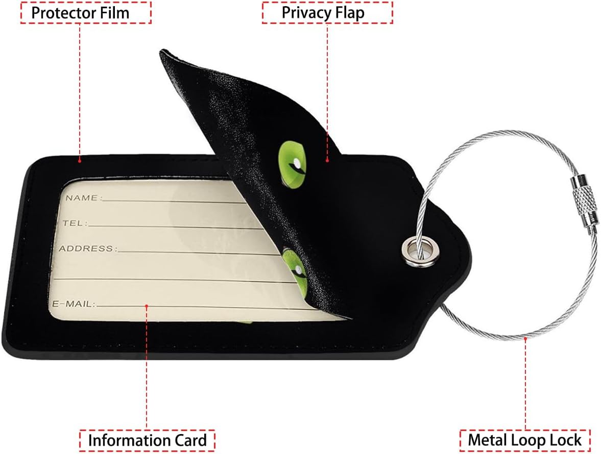 Black Cat Eyes 2 Pack Luggage Tag for Suitcase, Cute Unique Leather Bag Tags Identifiers Privacy Cover ID Label with Steel Loop for Women Men Kids Girls Travel