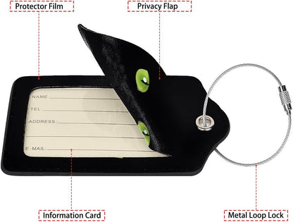 Black Cat Eyes 2 Pack Luggage Tag for Suitcase, Cute Unique Leather Bag Tags Identifiers Privacy Cover ID Label with Steel Loop for Women Men Kids Girls Travel