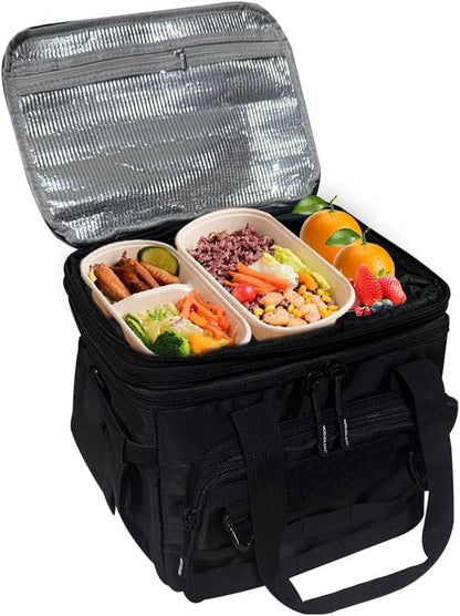 Expandable Insulated Lunch Box for Men & Women - Tactical Cooler Lunch Bag, Keeps Food Hot or Cold 8 Hours, Large Capacity with Water Bottle Holder & Shoulder Strap (Black)