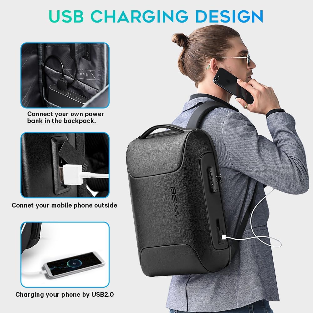 BANGE Black Genuine Leather Laptop Backpack for Men，Anti Theft Business Backpack with USB3.0 Charging Port, Smart Professional Lightweight Travel Backpacks for 15.6 Inch Laptop…