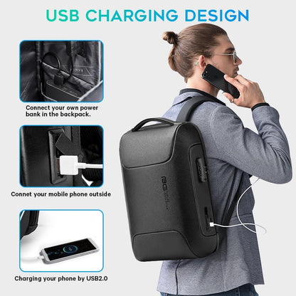 BANGE Black Genuine Leather Laptop Backpack for Men，Anti Theft Business Backpack with USB3.0 Charging Port, Smart Professional Lightweight Travel Backpacks for 15.6 Inch Laptop…