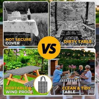 Premium Vinyl Fitted Picnic Table Cover with Bench Covers & Bag, Outdoor Waterproof & Windproof Durable Tablecloth with Elastic Edges, Camping Essentials, RV Gear, 72x30 Inches, Black Checkered - 6 FT