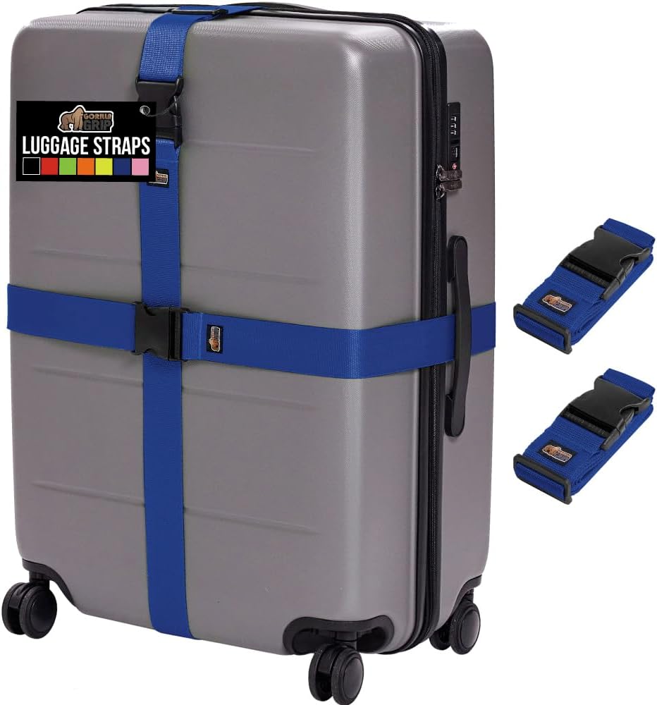 GORILLA GRIP Heavy Duty Adjustable Luggage Straps for Suitcases, Easy to Identify Travel Belt Connector Holds Suitcase Together, Extends Life of Bag, Strap Connects Two Bags, Accessories 2 Pack Blue