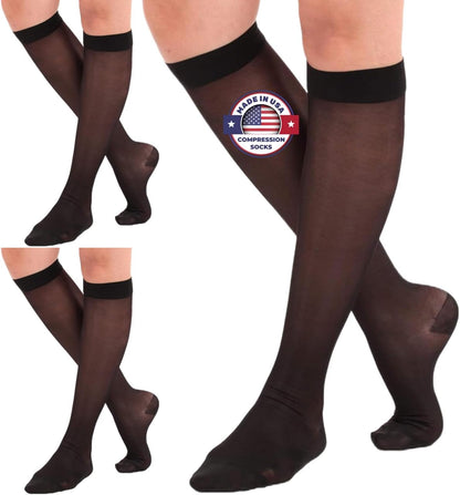(3 Pairs - Closed Toe) Made in USA - Sheer Compression Socks for Women 15-20mmHg - Compression Stockings for Varicose Veins Circulation, Thrombosis, Embolism - Black, Medium - A101BL2-3