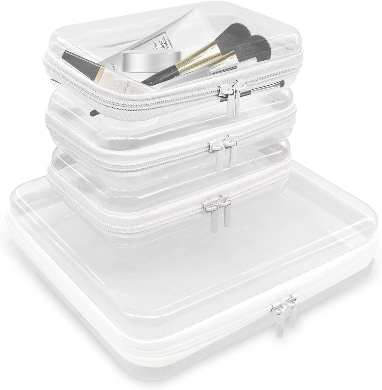 4PCS Clear Hard Zipper Case - Portable Organizer Pouches, Waterproof Plastic Cosmetic Bag,Travel Organizer Box for Cable, Make up Tools and Toiletries（White）