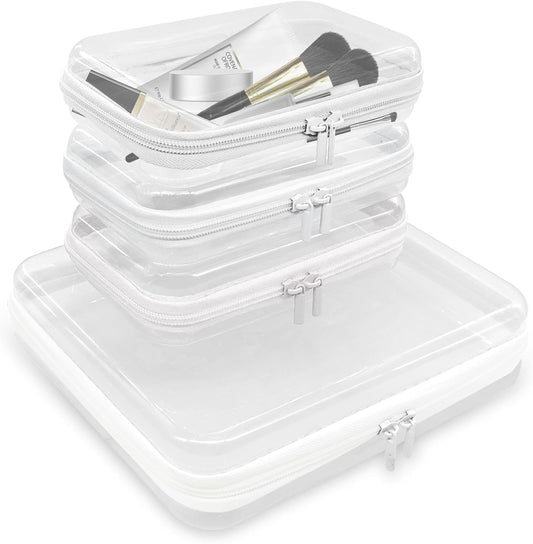 4PCS Clear Hard Zipper Case - Portable Organizer Pouches, Waterproof Plastic Cosmetic Bag,Travel Organizer Box for Cable, Make up Tools and Toiletries（White）