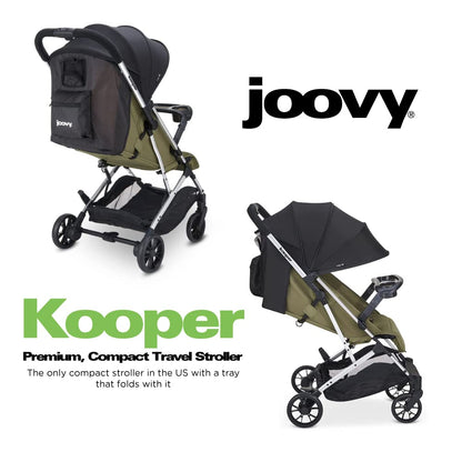 Joovy Kooper Lightweight Baby Stroller Featuring Removable, Swing-Open Tray, Big Wheels, Reclining Seat with Footrest, Extra-Large Retractable Canopy, and Compact Fold (Olive)