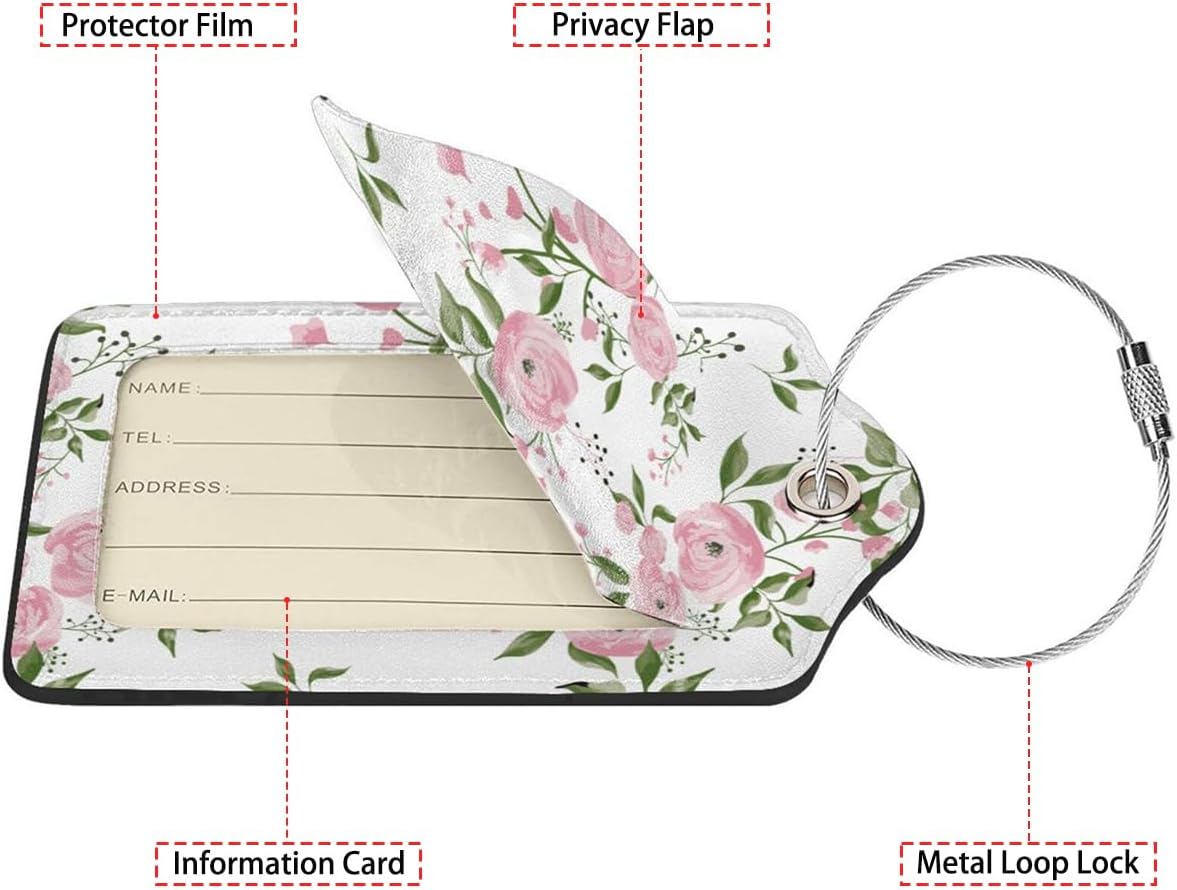 Watercolor Floral 2-Pack Luggage Tags for Suitcases,Leather Baggage Tag with Loop, Tags Private Name ID Labels for Women Girl Men Boys Travel Baggage Suitcase
