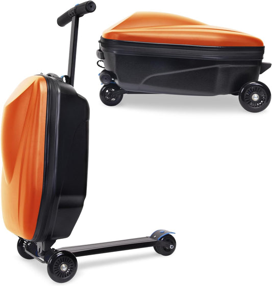 20" Scooter Suitcase for Kids, 2-in-1 Ride On Luggage with Wheels for Boys & Girls Ages 4-15, Foldable Hardshell Carry On Lightweight Travel Suitcase for Airplane (No LED, Orange)