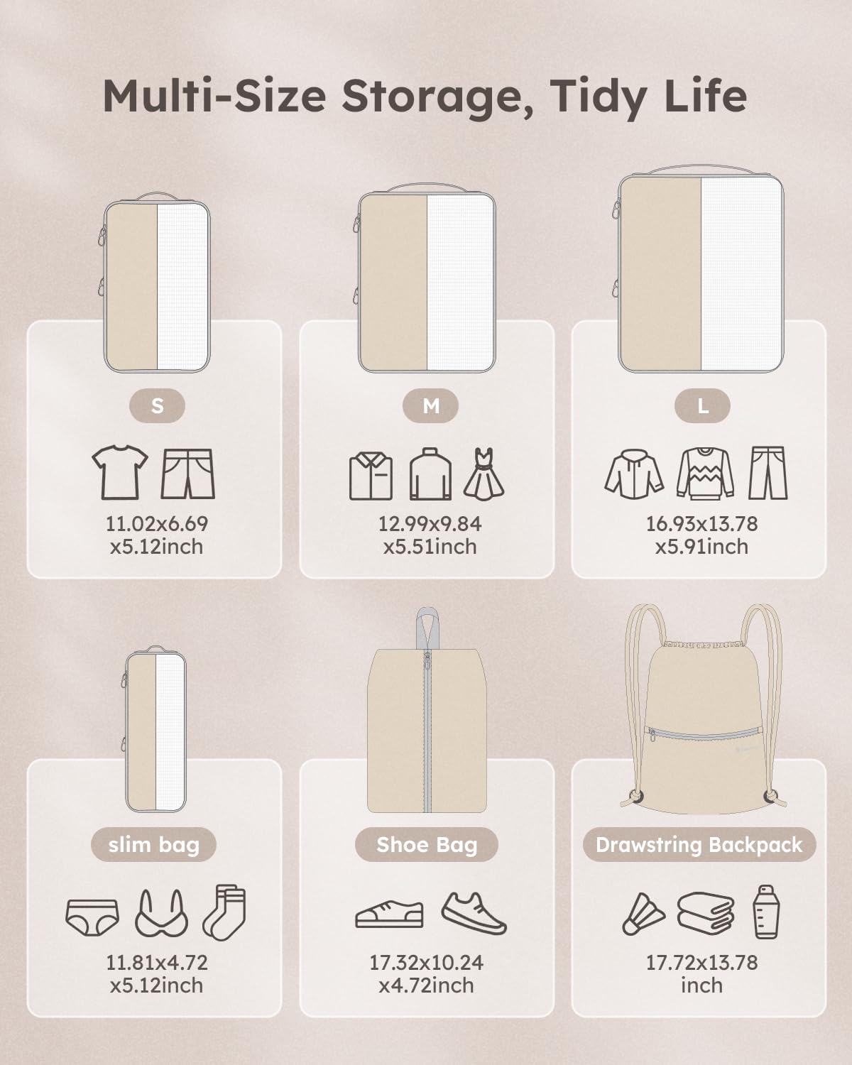 6 Set Compression Packing Cubes for Travel, Bonus Versatile Drawstring Backpack, Lightweight Luggage Organizer Bags, Sturdy Travel Accessories for Suitcase, Beige