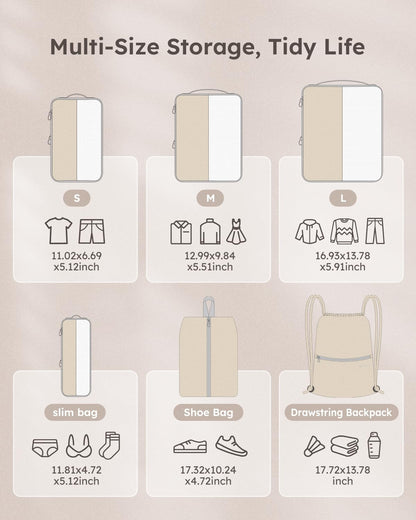 6 Set Compression Packing Cubes for Travel, Bonus Versatile Drawstring Backpack, Lightweight Luggage Organizer Bags, Sturdy Travel Accessories for Suitcase, Beige