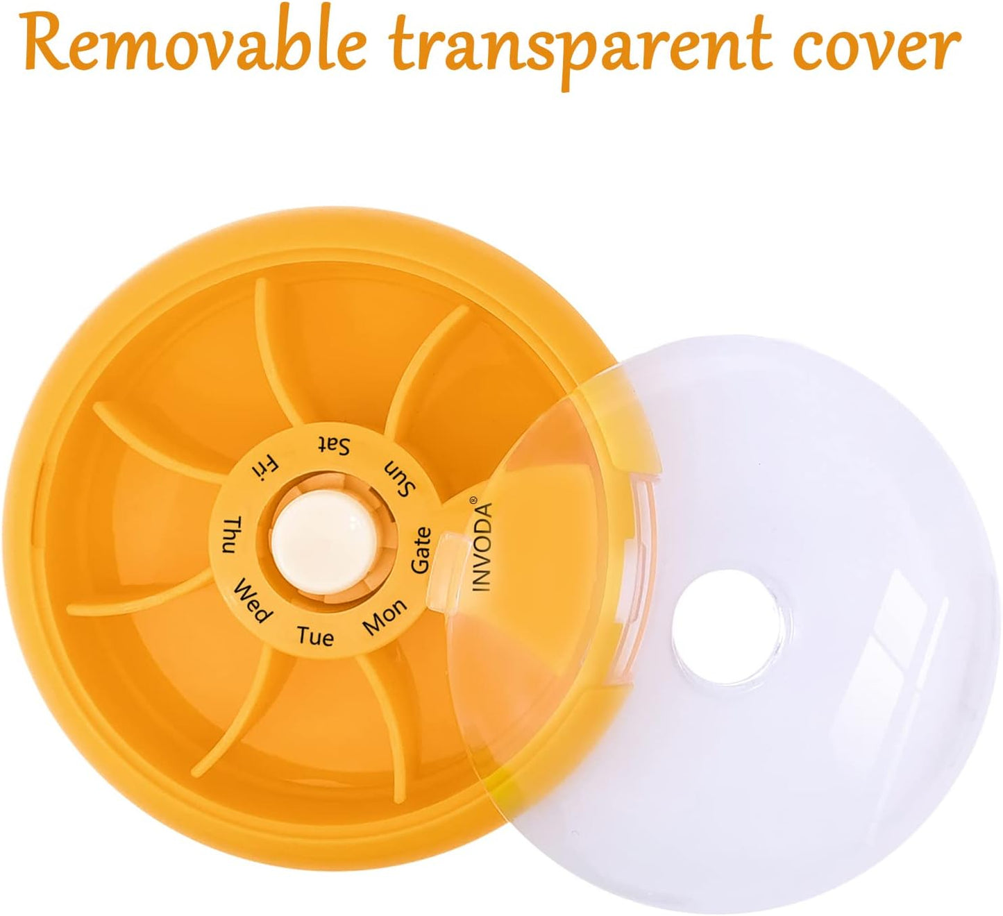 INVODA Weekly Pill Organizer 7 Compartment Rotating Pill Box for Daily Medication & Vitamins - Portable Travel Pill Case Fish Oil Supplements Vitamins Organizer (Orange)