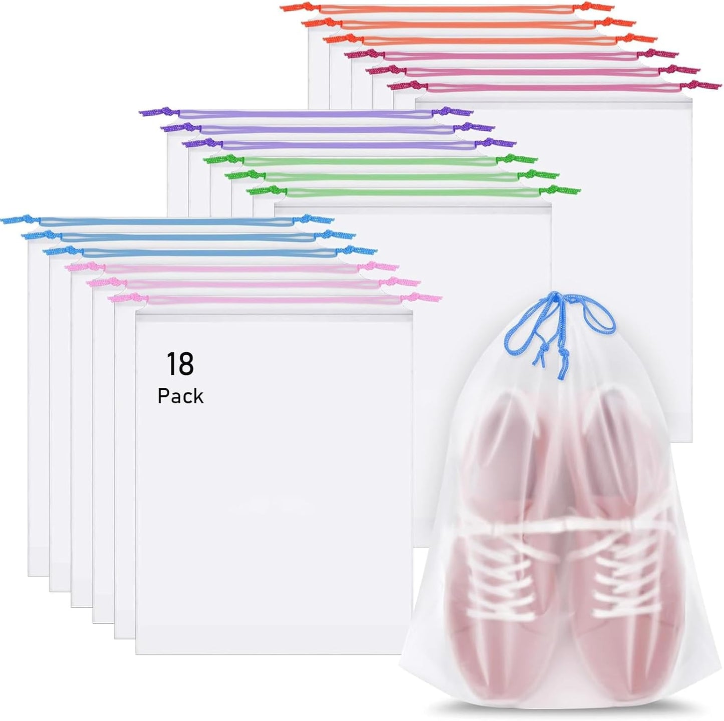 18 Pack Shoe Bags for Travel, 15.7" x 11.8" Clear Travel Shoe Bags for Packing with Colorful Drawstring, Large Waterproof Portable Travel Shoe Storage Bag Travel Essentials Women for and Men